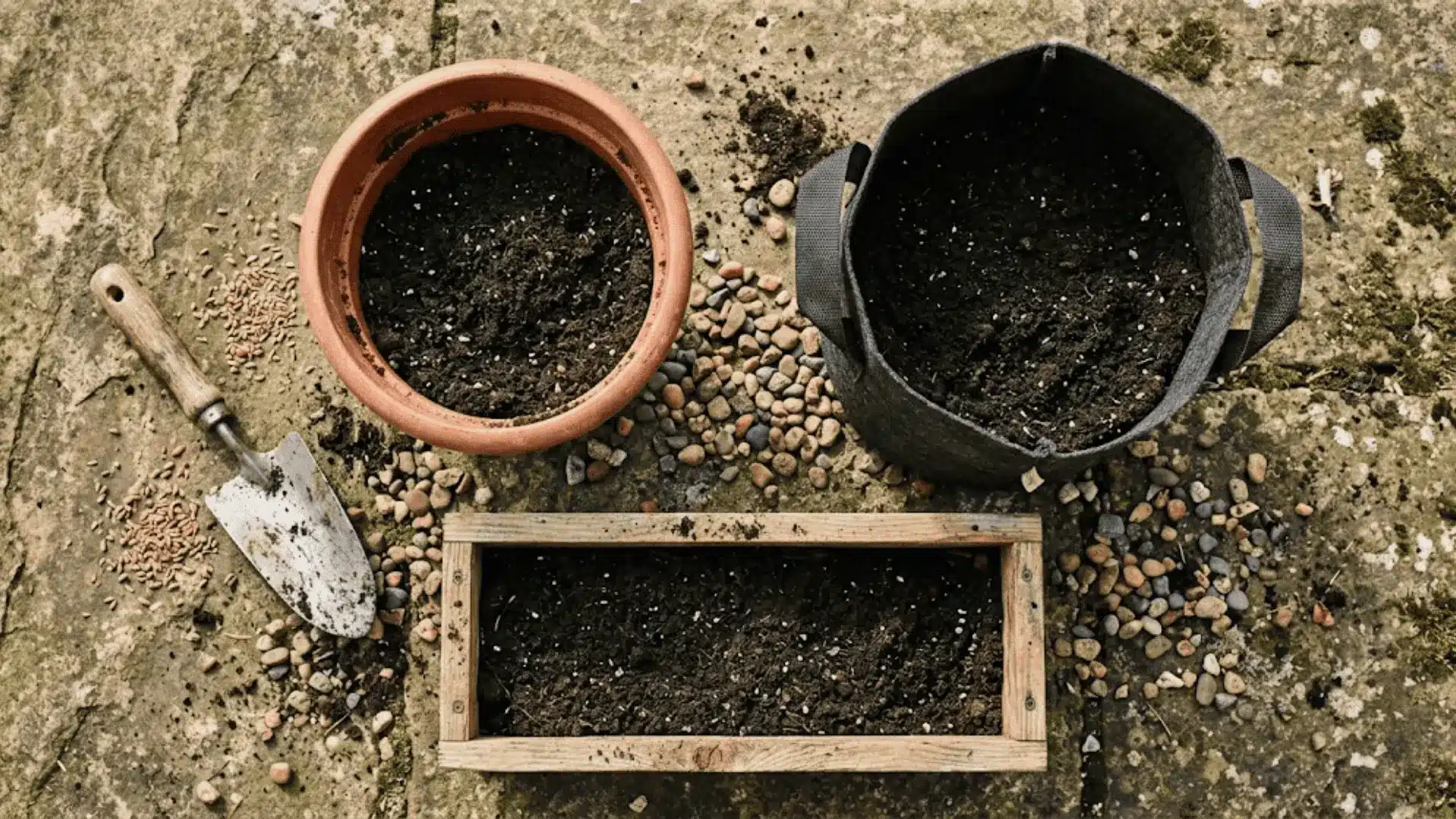 plastic pot, fabric grow bag, and wooden planter box filled with dark potting soil on a weathered stone surface