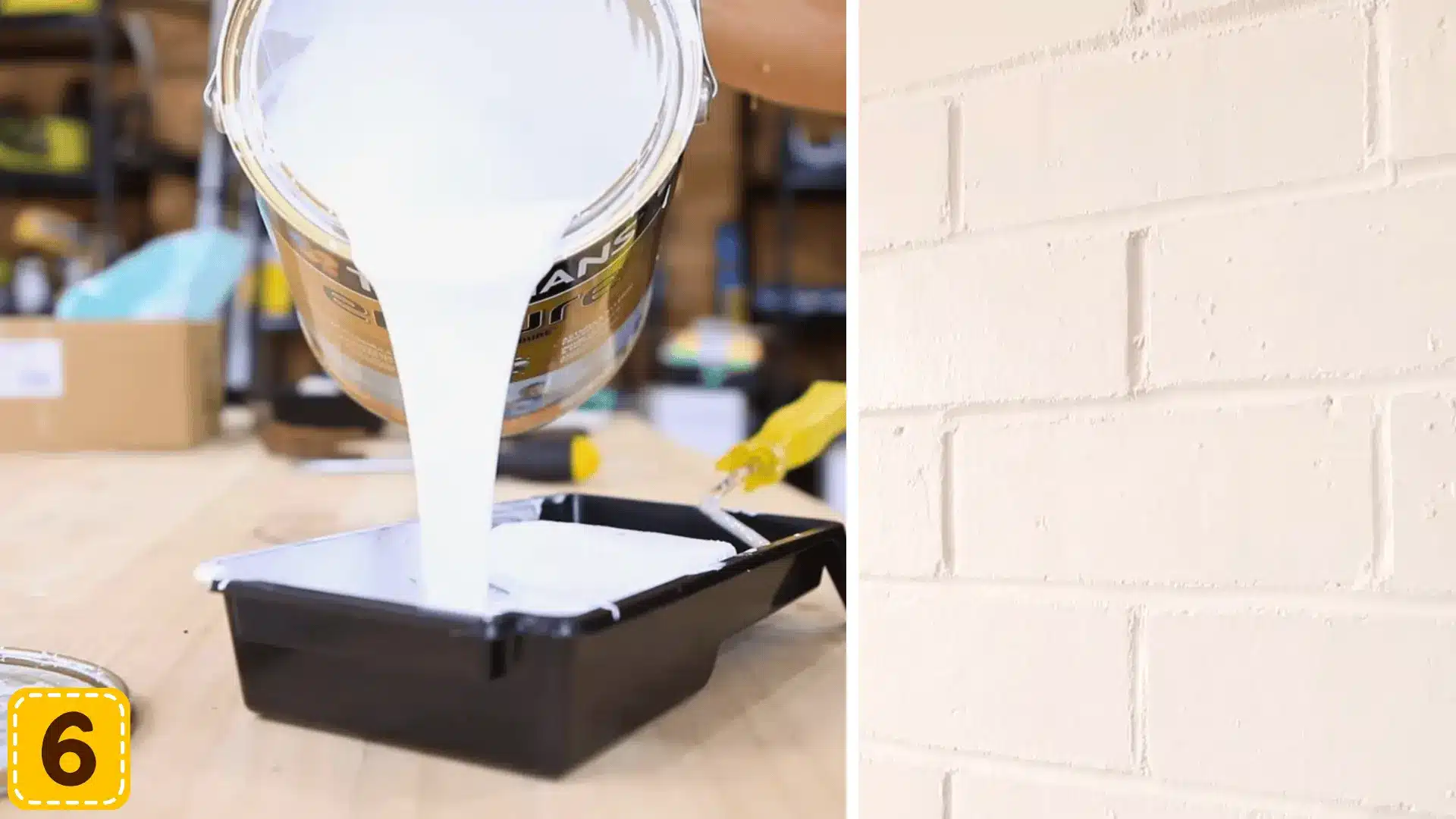 pouring white paint into a roller tray next to a freshly painted smooth white brick wall