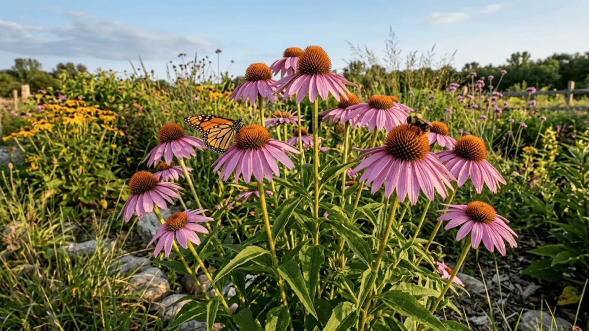purple coneflowers with spiky orange brown centers in a naturalistic garden with bees and butterflies