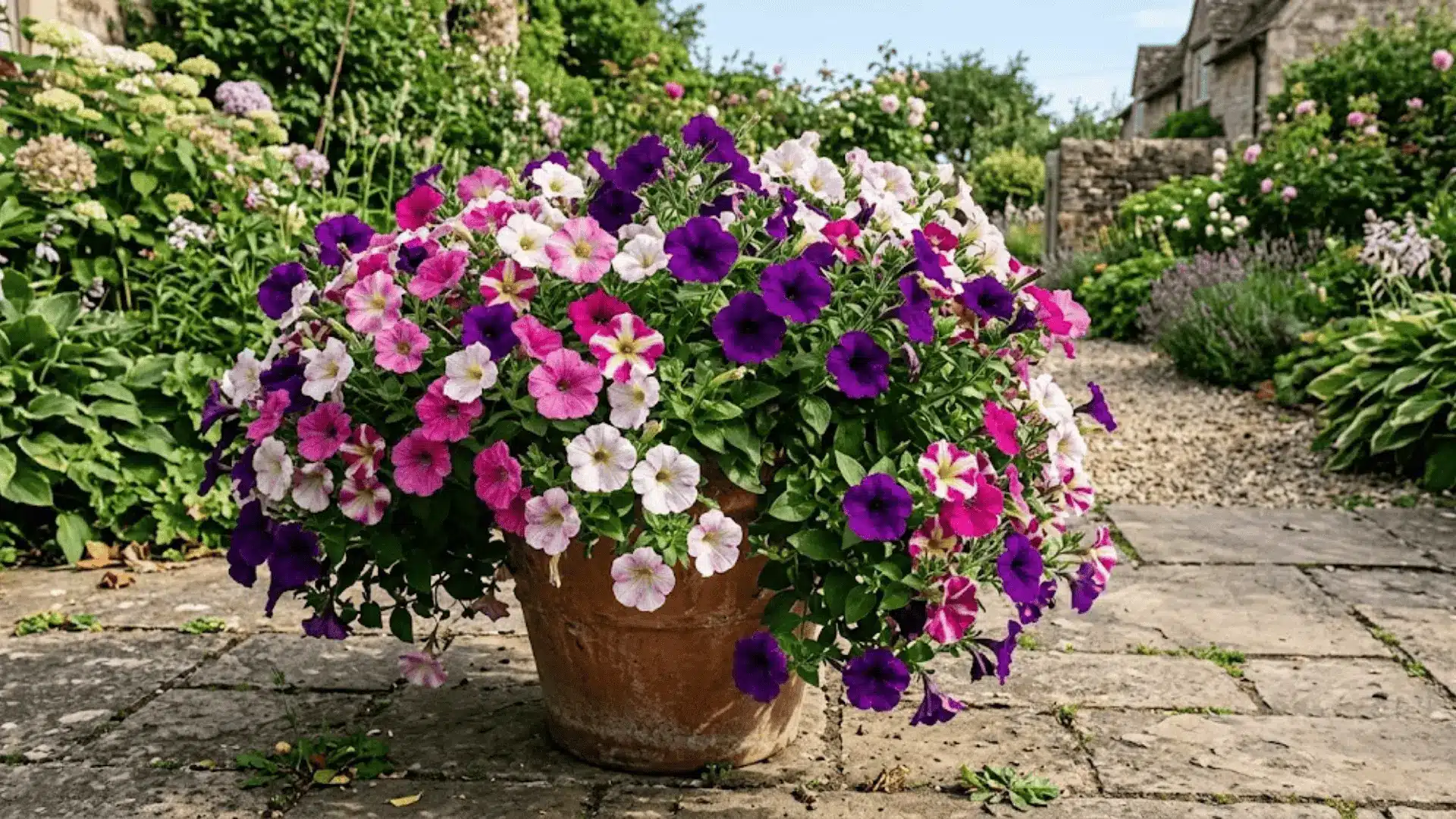 purple pink and white petunias spilling over a container on a sunny patio with green background