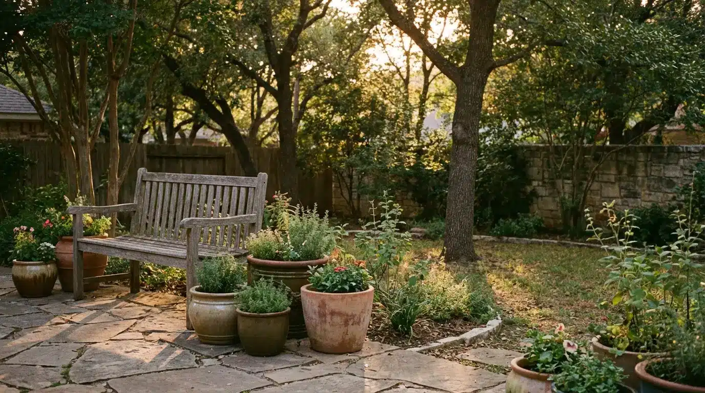 Wooden bench surrounded by potted plants on stone patio in shady garden setting