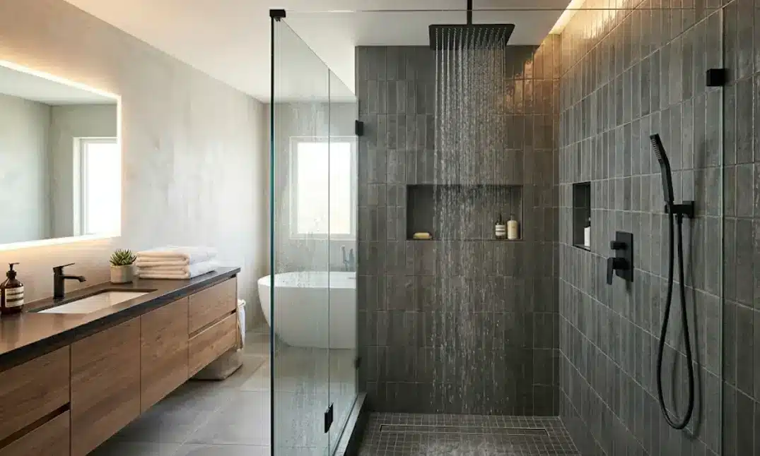 Modern bathroom with glass shower, wooden vanity, and freestanding bathtub in natural lighting