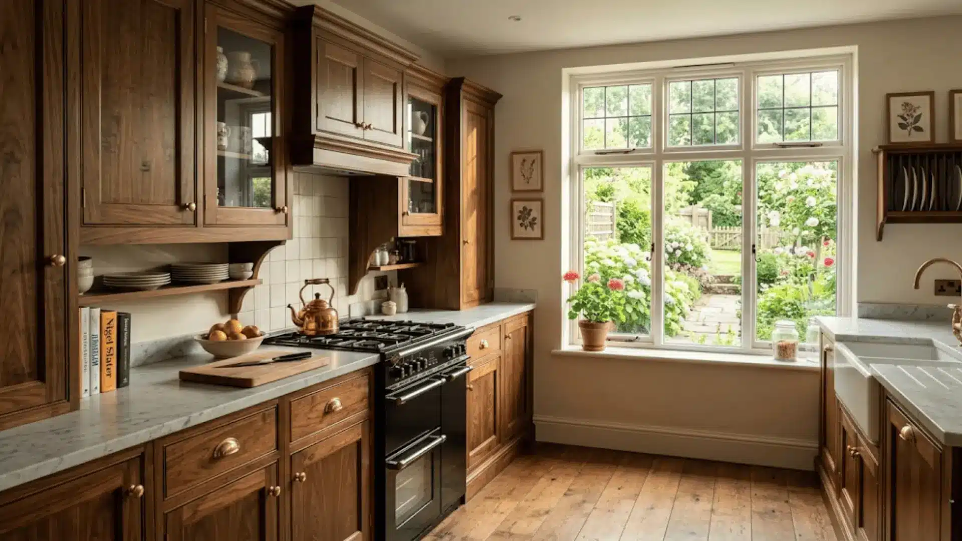 raised-panel walnut wood cabinets in a warm traditional kitchen with brass hardware and marble countertops