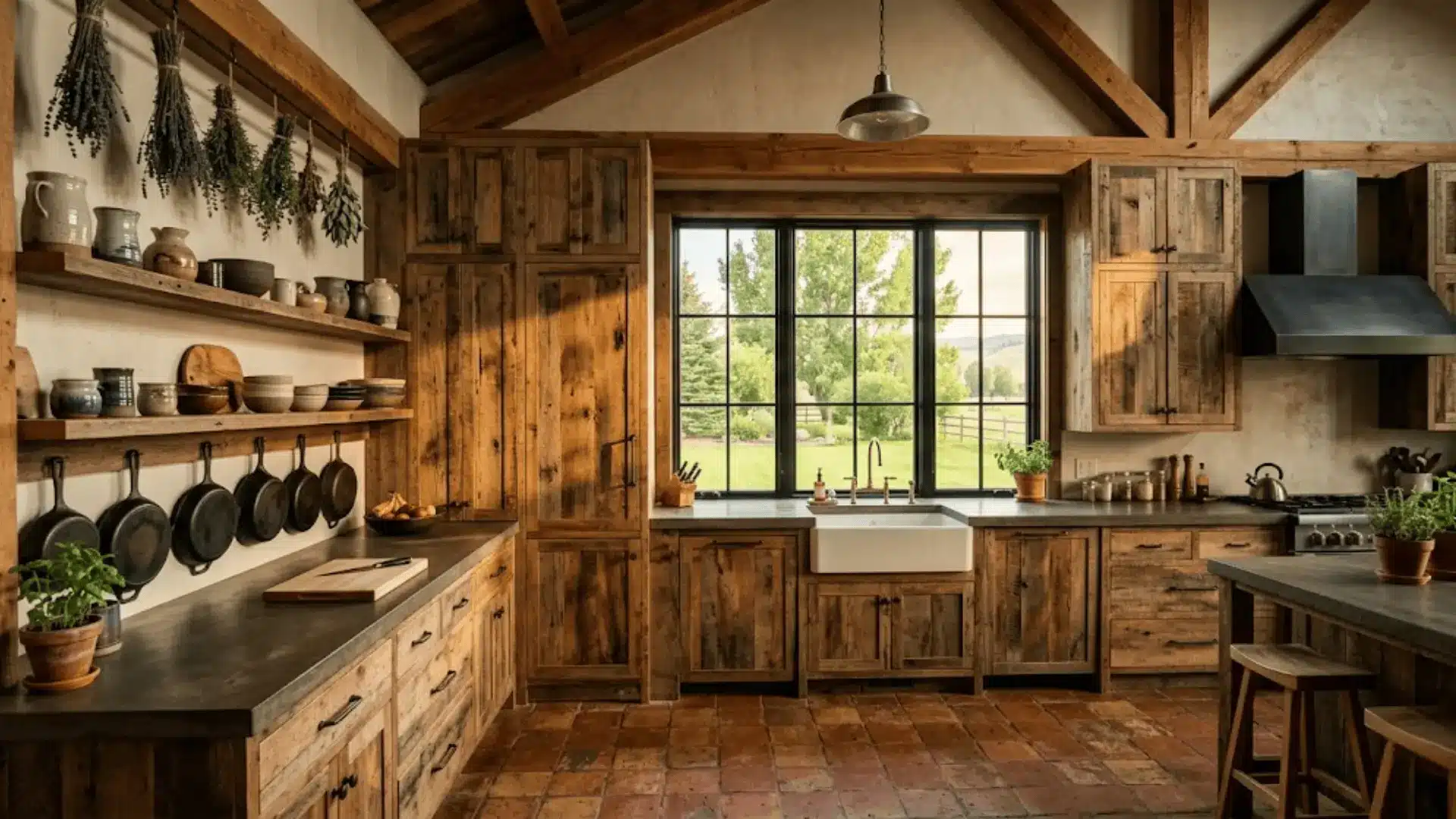 reclaimed wood cabinets and open shelving in a warm barndominium kitchen with natural light