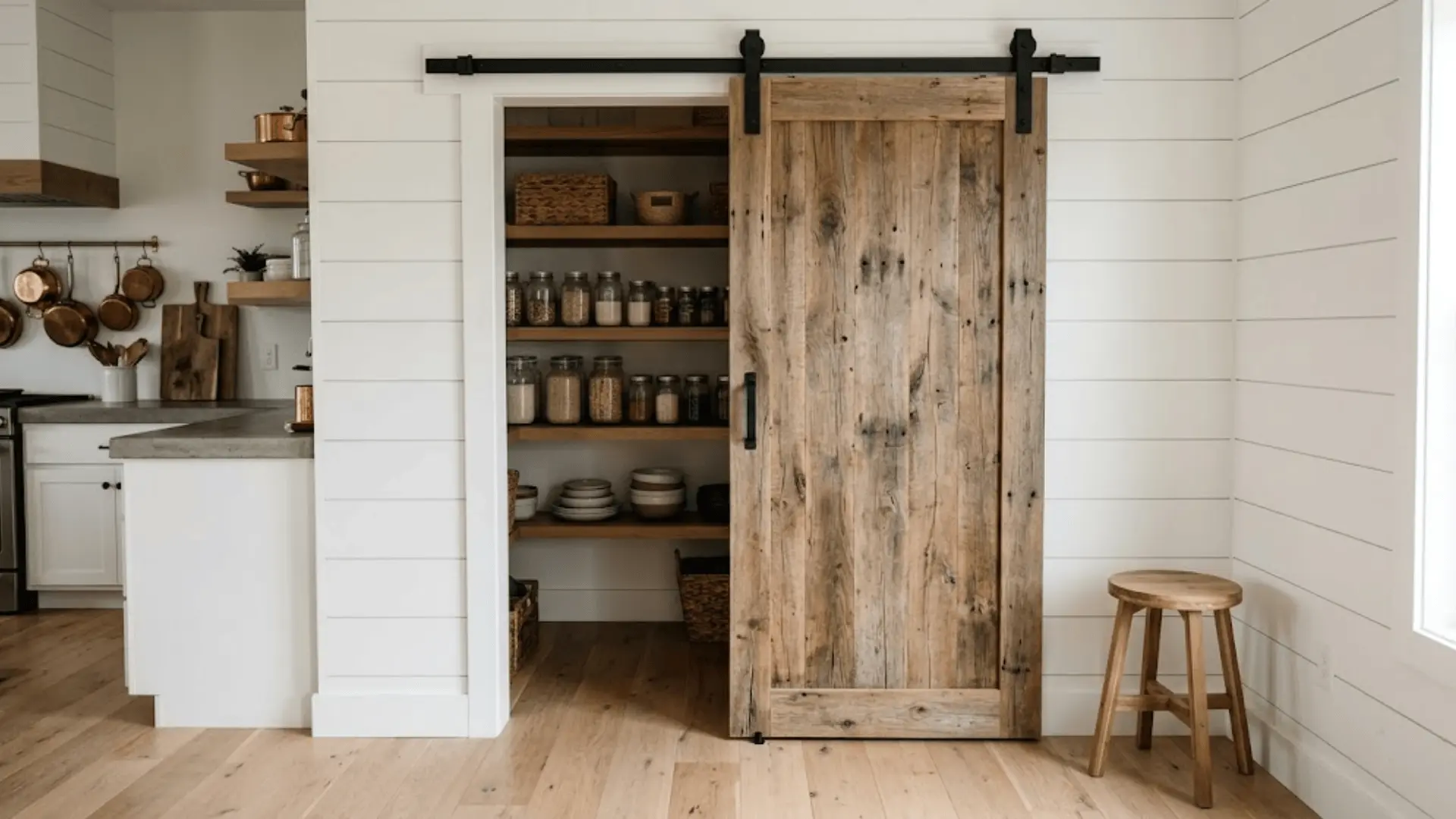 reclaimed wood sliding barn door on black track leading to pantry in a bright barndominium kitchen