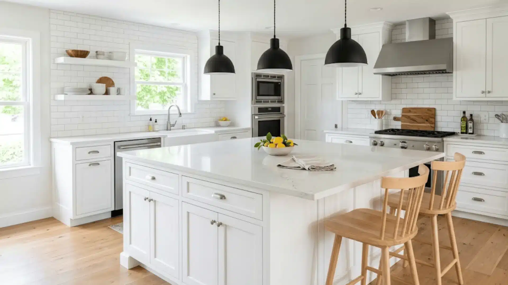 rectangular white quartz kitchen island with black pendant lights and wood bar stools in a bright kitchen