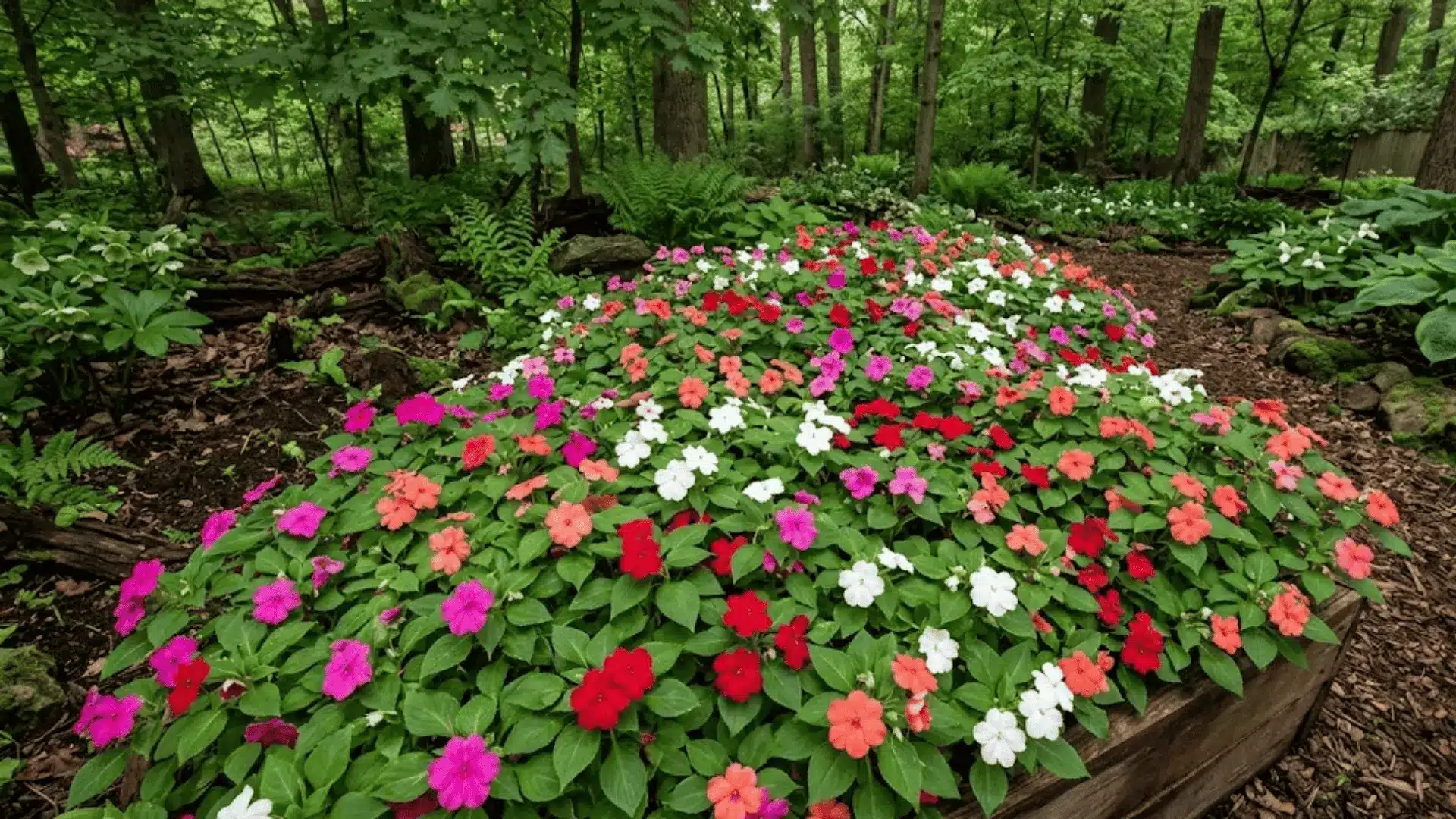 red pink and white wax begonias with glossy green bronze leaves in a container in a shaded garden