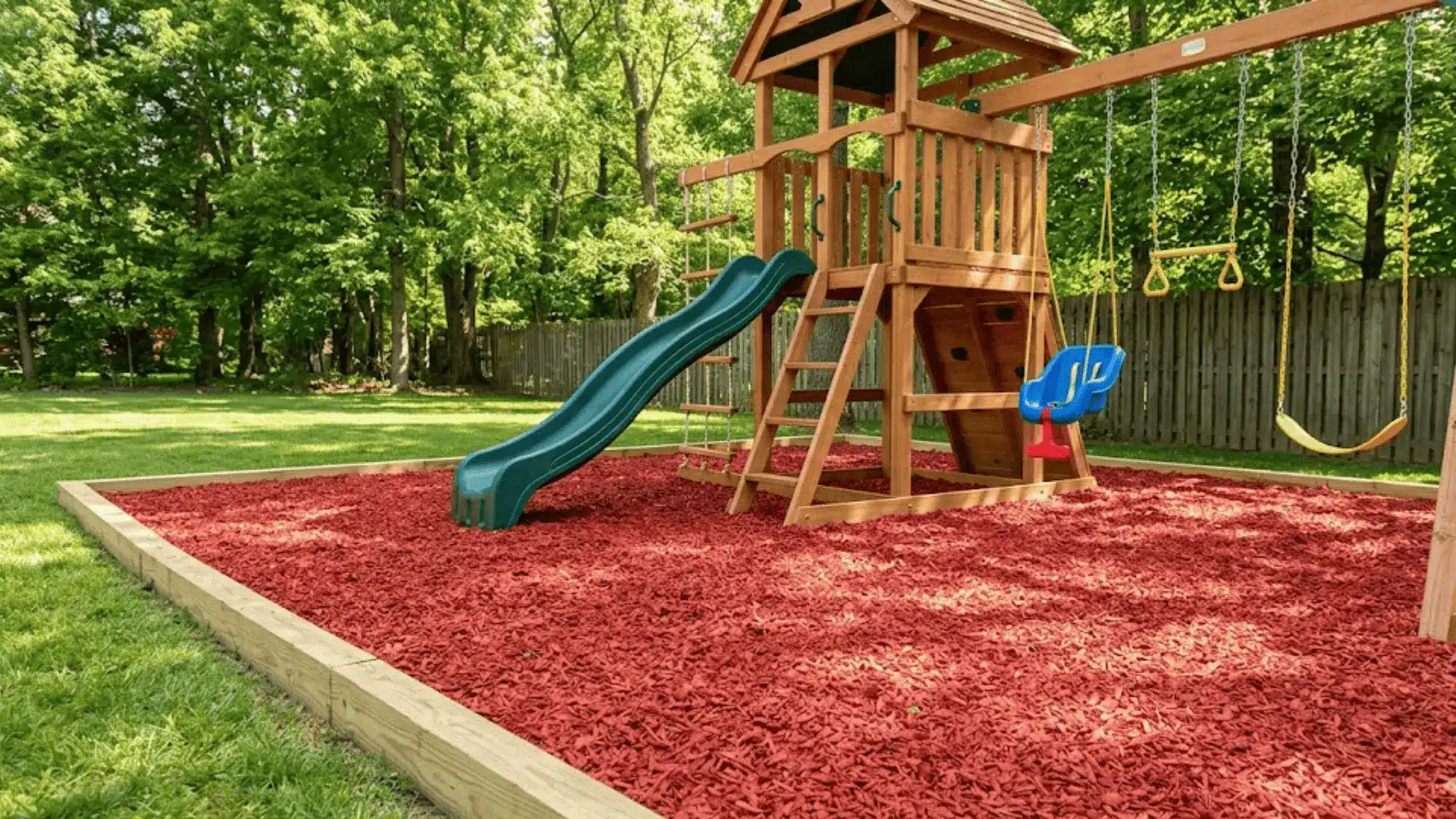 red rubber mulch covering the ground beneath a wooden backyard play structure on a sunny day