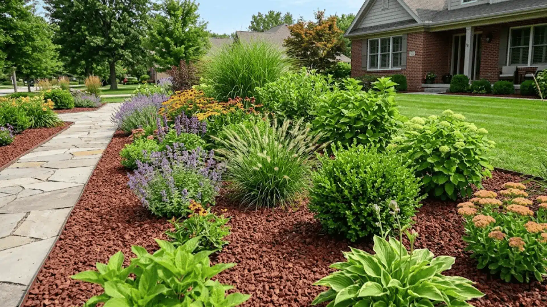 reddish-brown rubber mulch laid around green shrubs and flowering plants in a polished garden bed