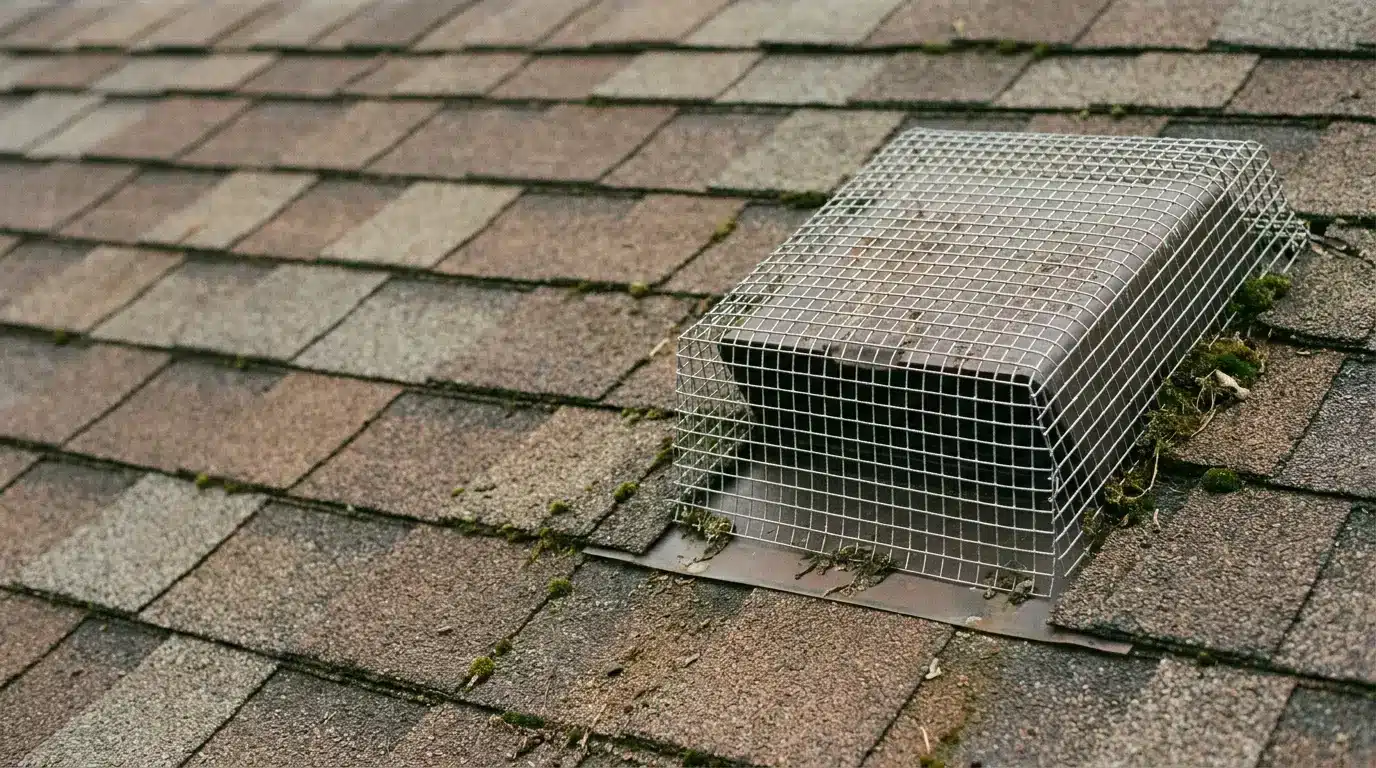 Wire mesh covering roof vent on shingle roof with scattered moss patches