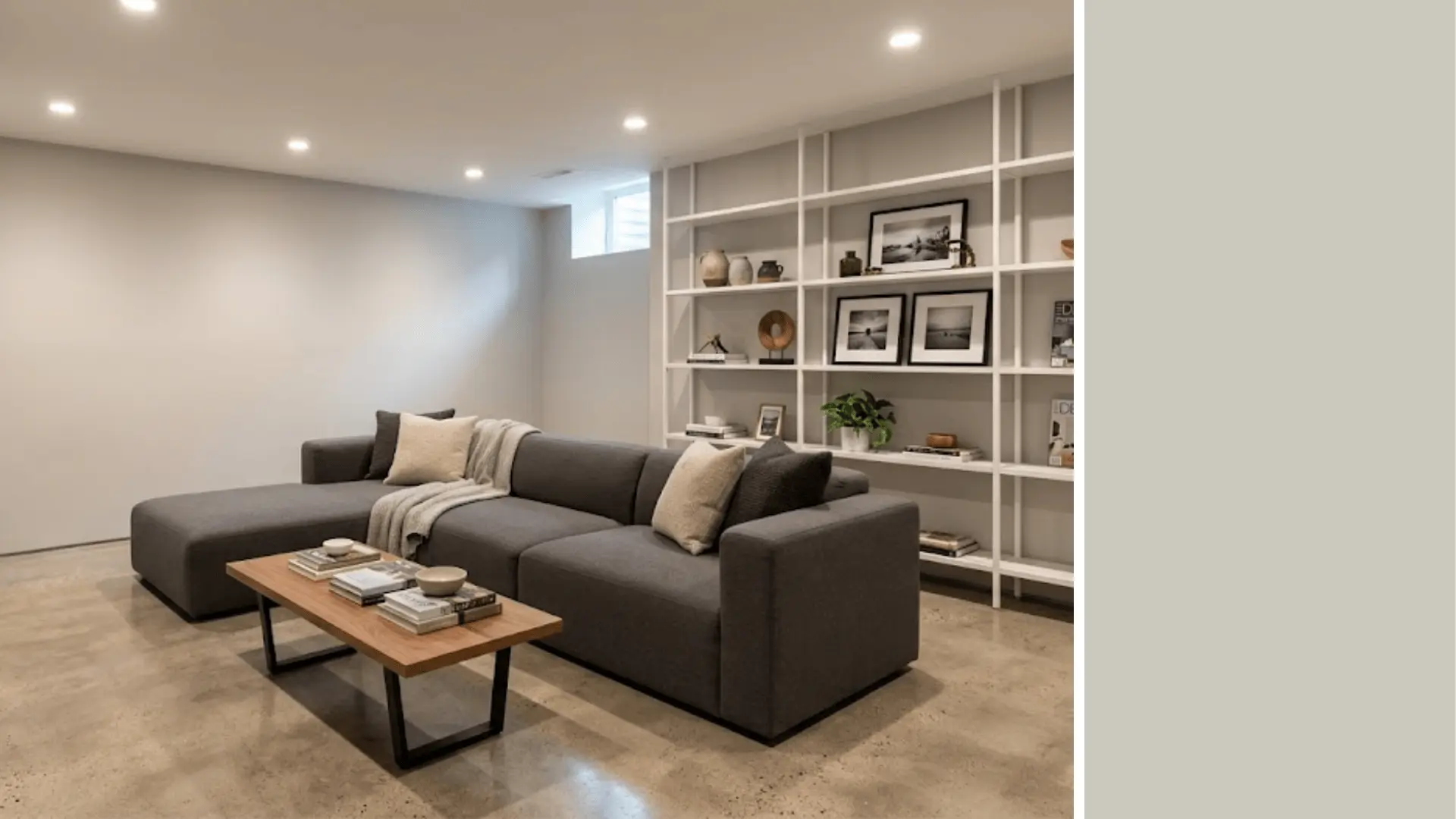 repose gray sw 7015 light warm gray basement with ceramic tile swatch