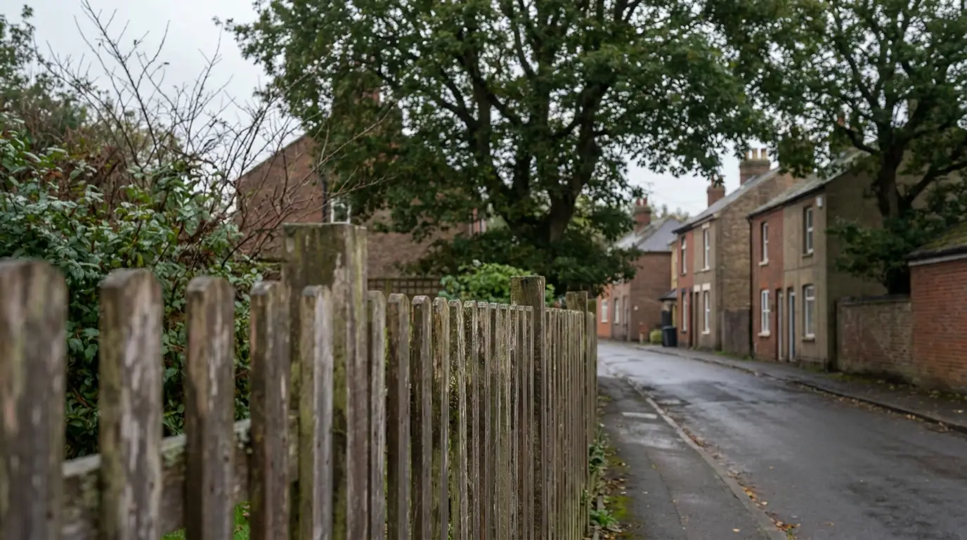 Wooden fence lining a quiet residential street with brick houses and leafy trees
