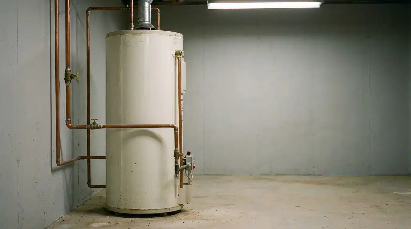 Large white water heater with copper pipes in an unfinished basement under fluorescent light