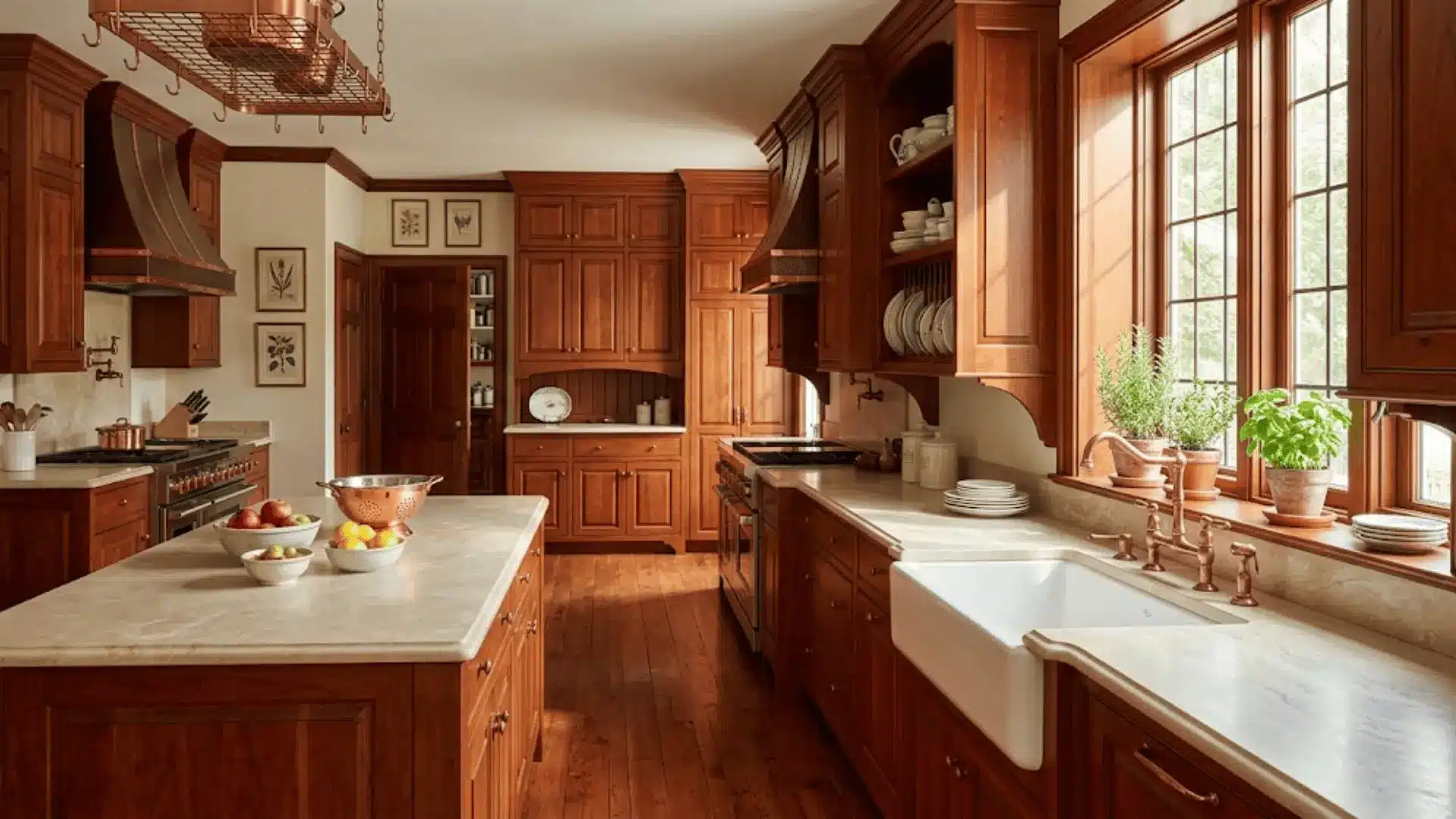 rich cherry wood kitchen cabinetry with warm reddish tones in natural afternoon light