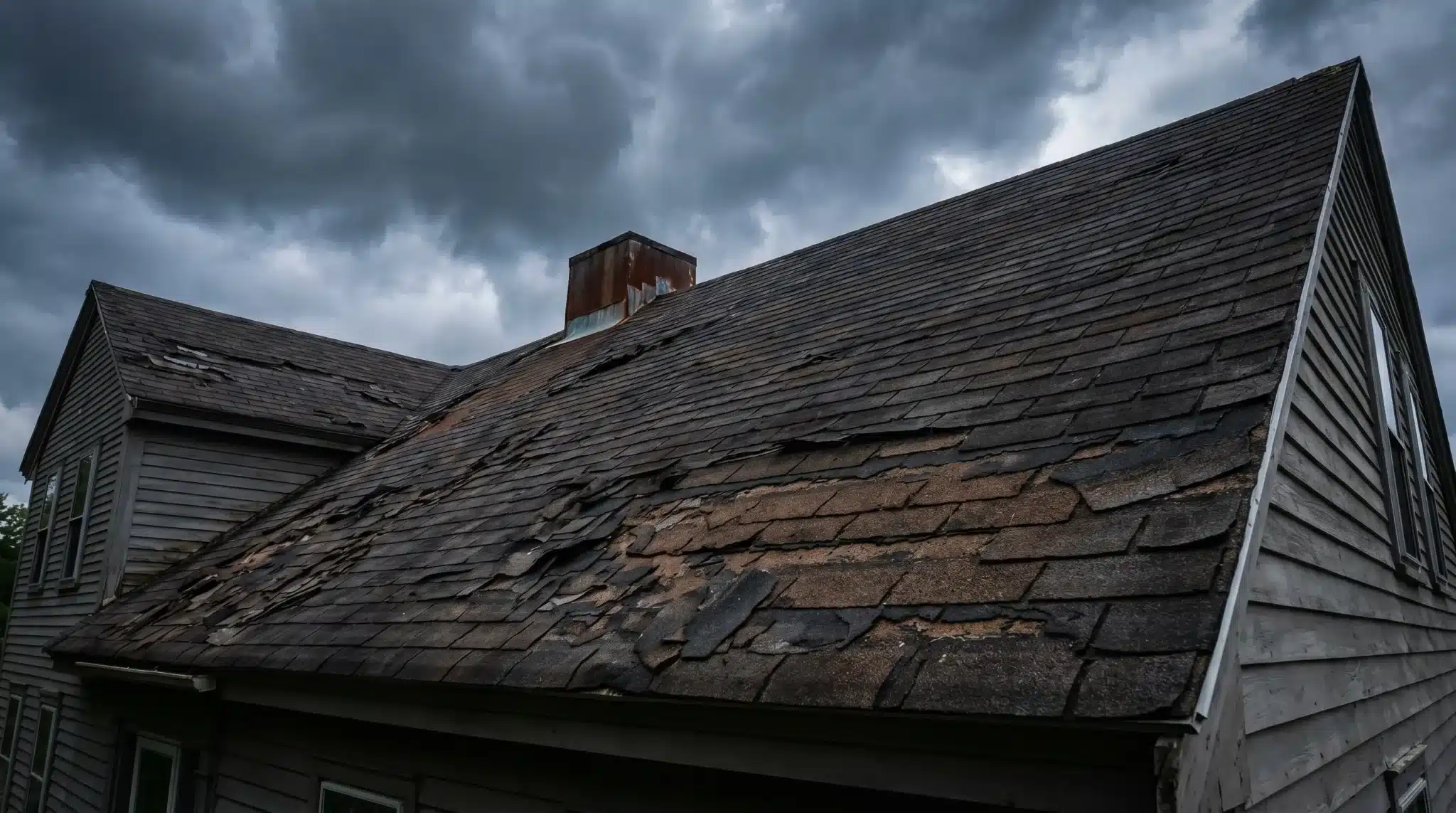 Worn roof shingles on old wooden house under cloudy sky