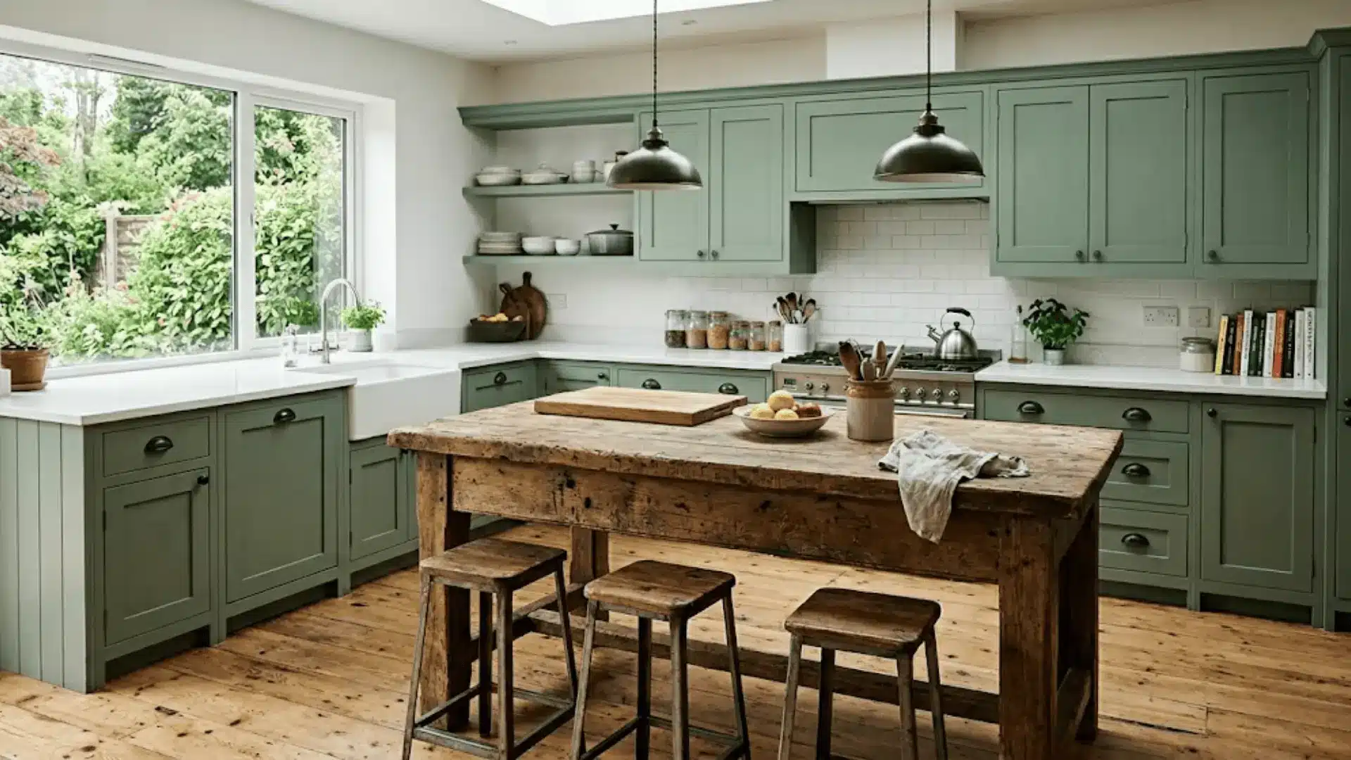 rustic reclaimed wood kitchen island centered in a kitchen with sage green perimeter cabinets