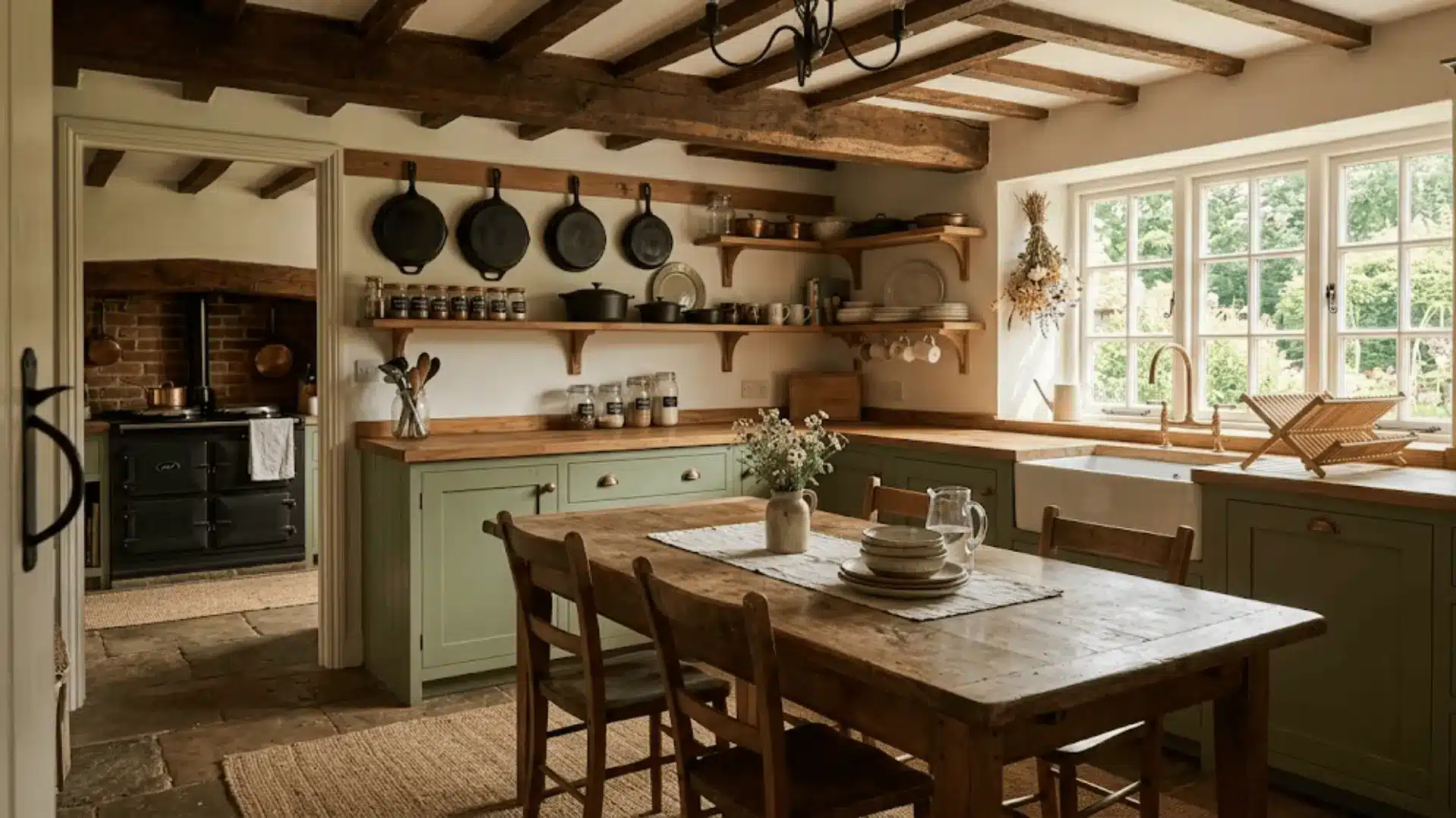 rustic sage green kitchen with reclaimed wood dining table, butcher block countertops, exposed beams, and warm afternoon light