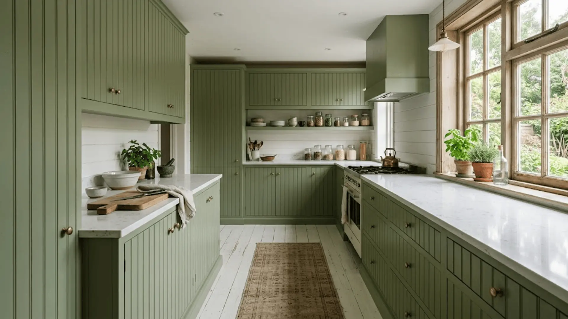sage green beadboard panel kitchen cabinet doors with aged brass knobs and white shiplap backsplash