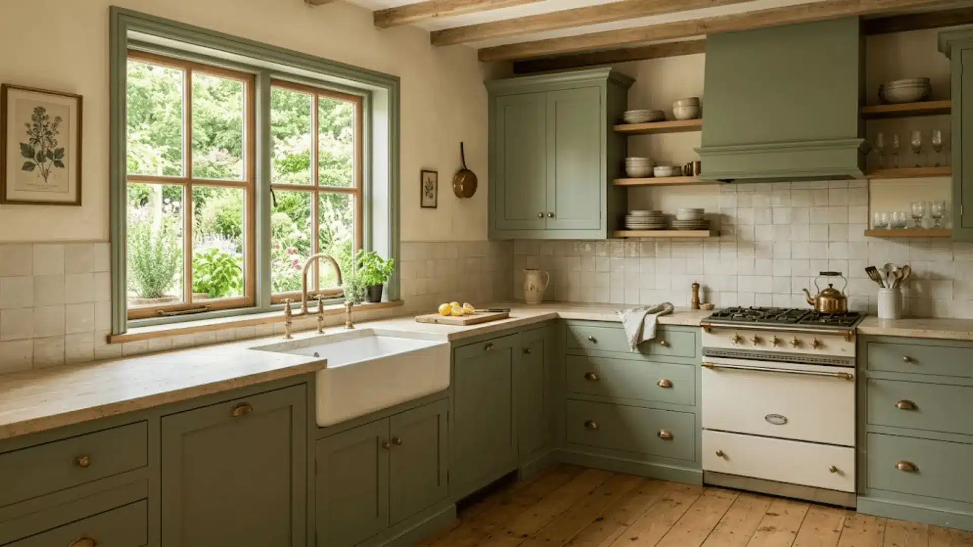 sage green kitchen cabinets against warm cream painted walls with travertine countertop and aged brass hardware