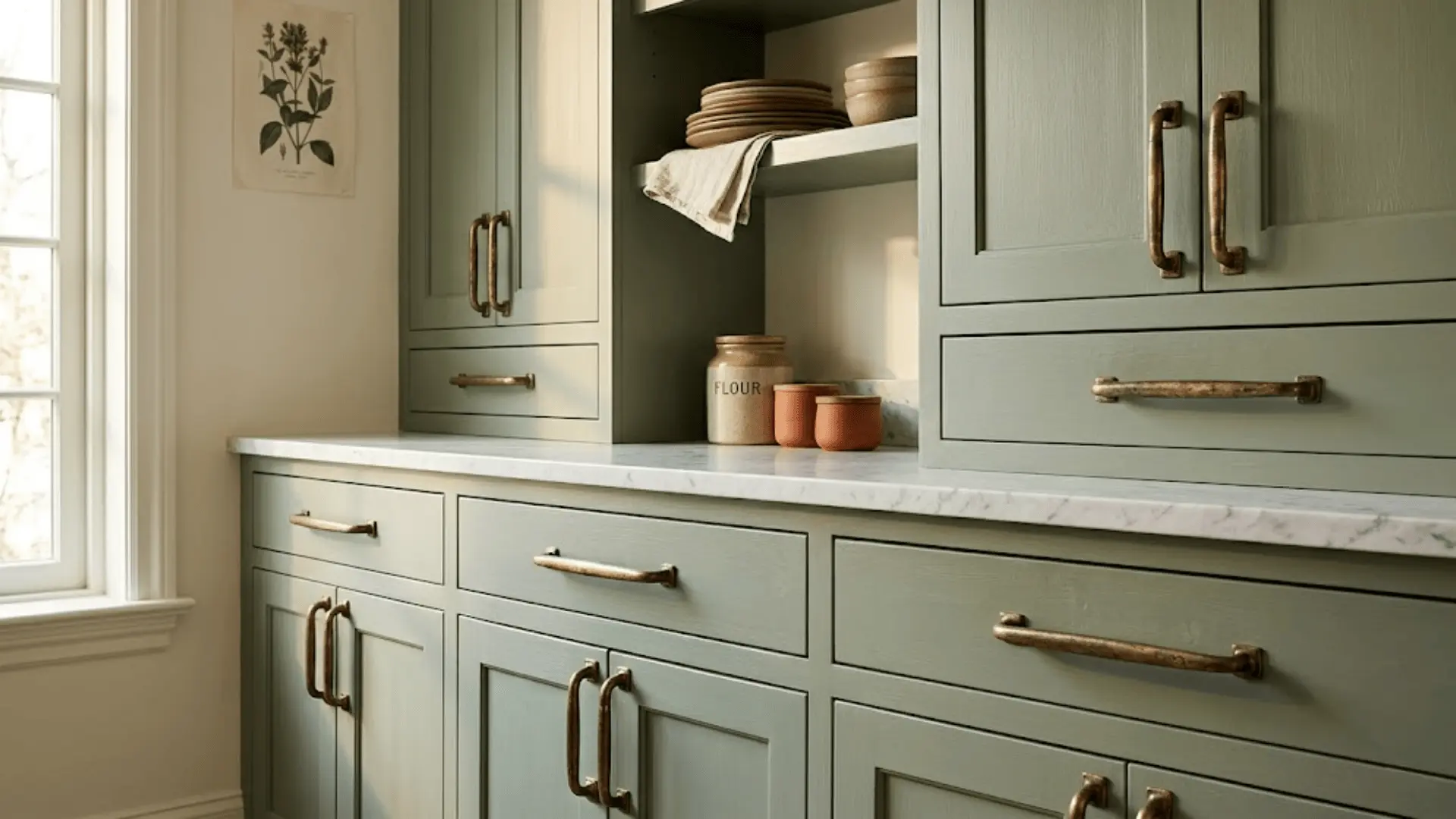 sage green kitchen cabinets with antique brass bar handles in warm natural light with marble countertop