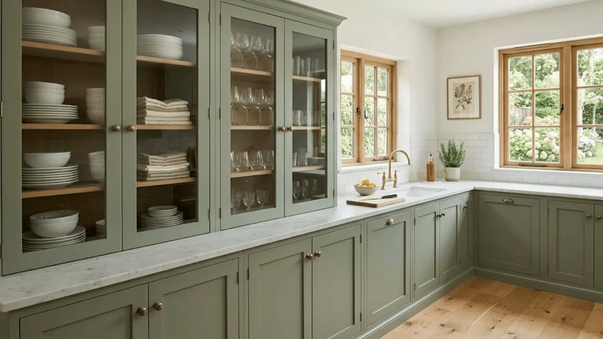 sage green kitchen cabinets with clear glass panel doors showing white ceramics and glassware inside