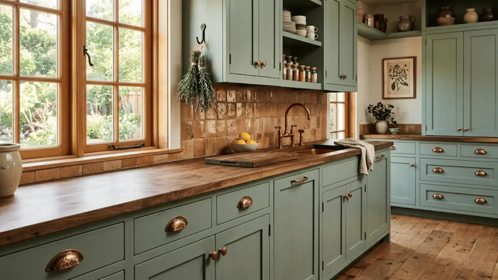 sage green kitchen cabinets with hand-forged copper cup pull hardware and raw walnut countertop