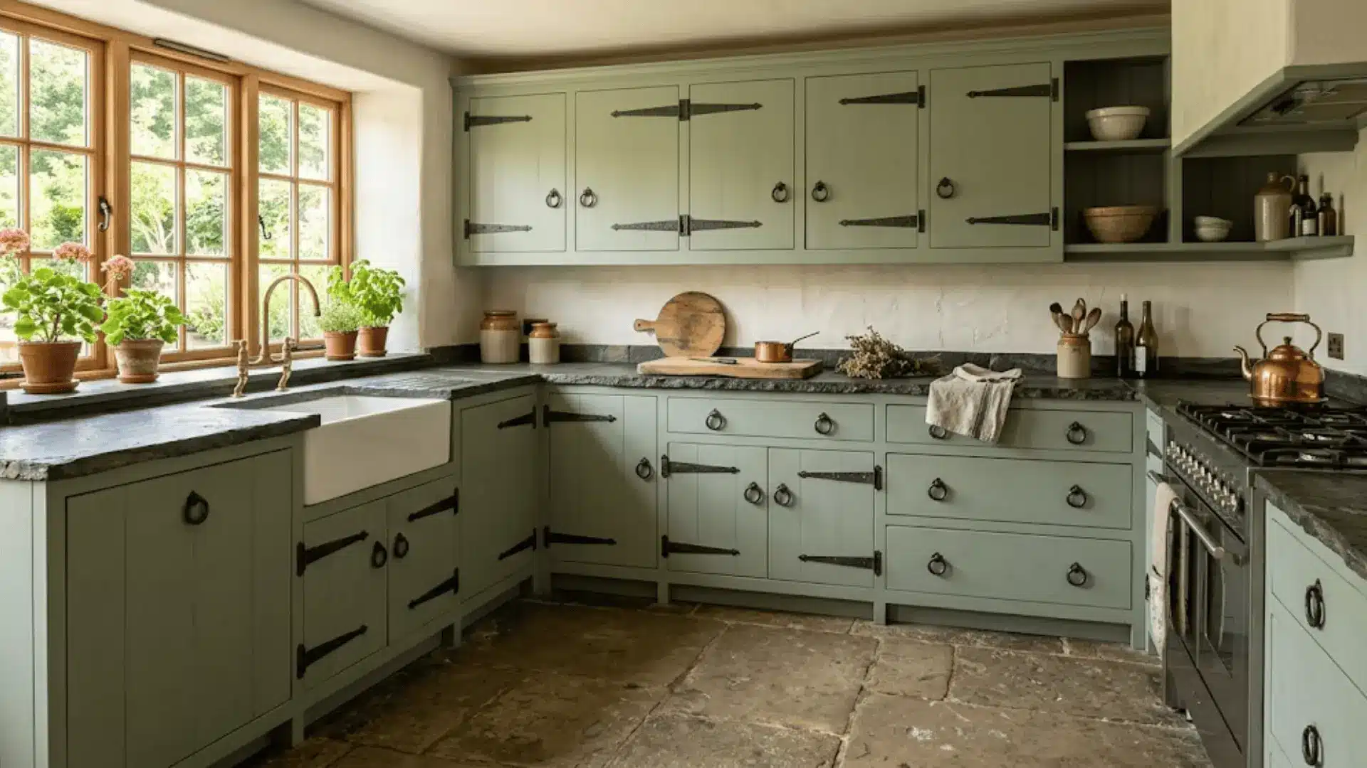 sage green kitchen cabinets with hand-forged wrought iron ring pull hardware and rough slate countertop