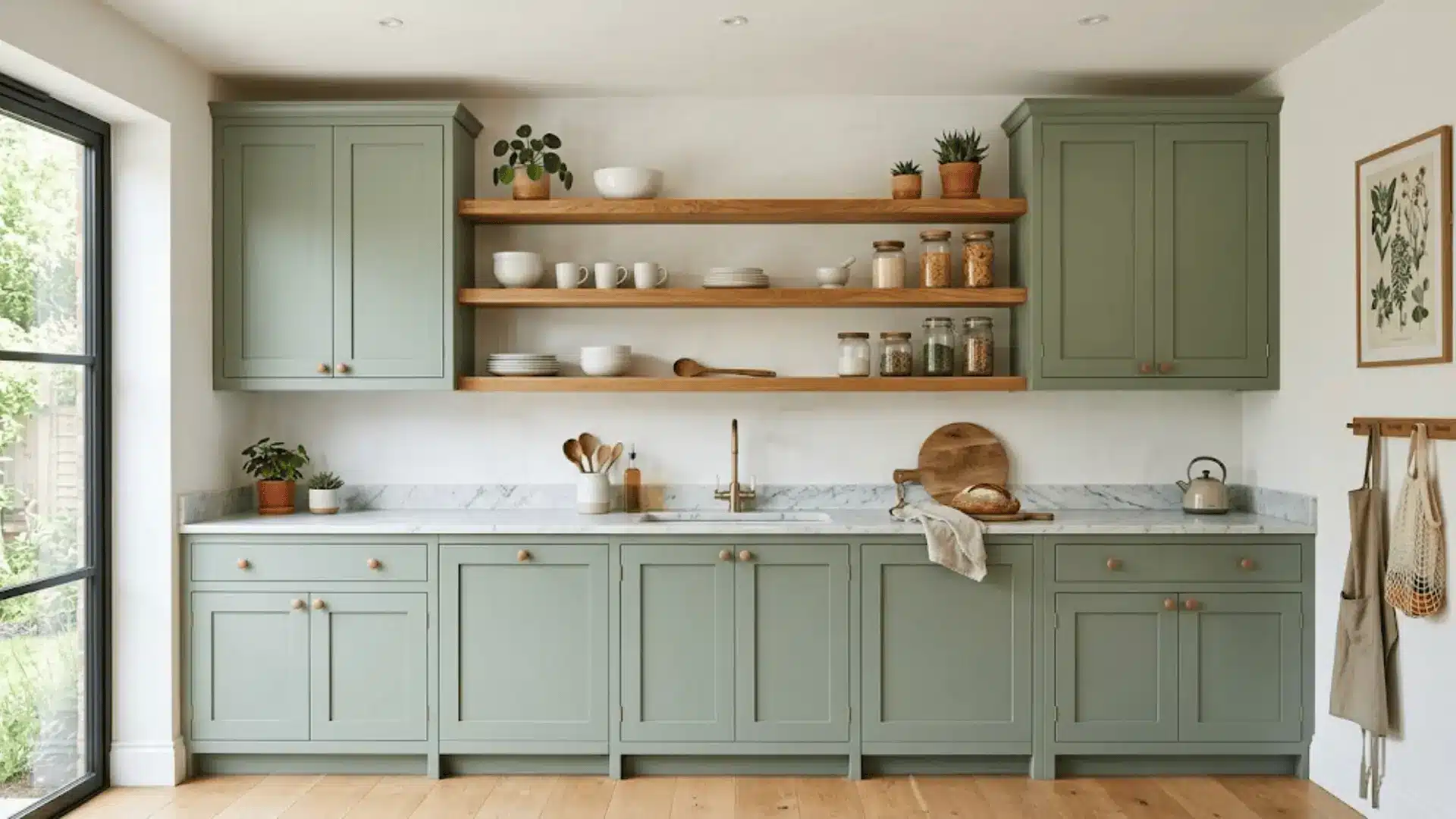 sage green kitchen cabinets with open warm oak floating shelves styled with ceramics and plants