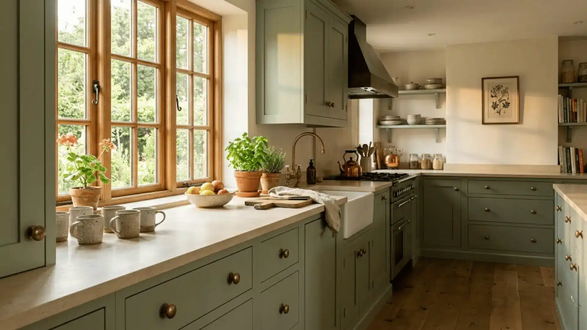 sage green kitchen cabinets with round aged brass knobs in warm natural window light and limestone countertop