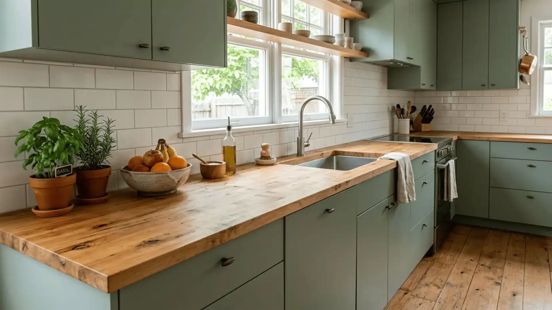 sage green kitchen cabinets with warm honey butcher block countertops and white subway tile backsplash