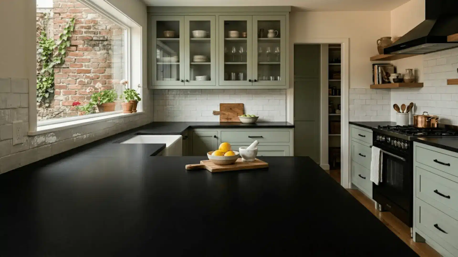 sage green shaker cabinets with honed black granite countertop and matte black hardware in natural daylight