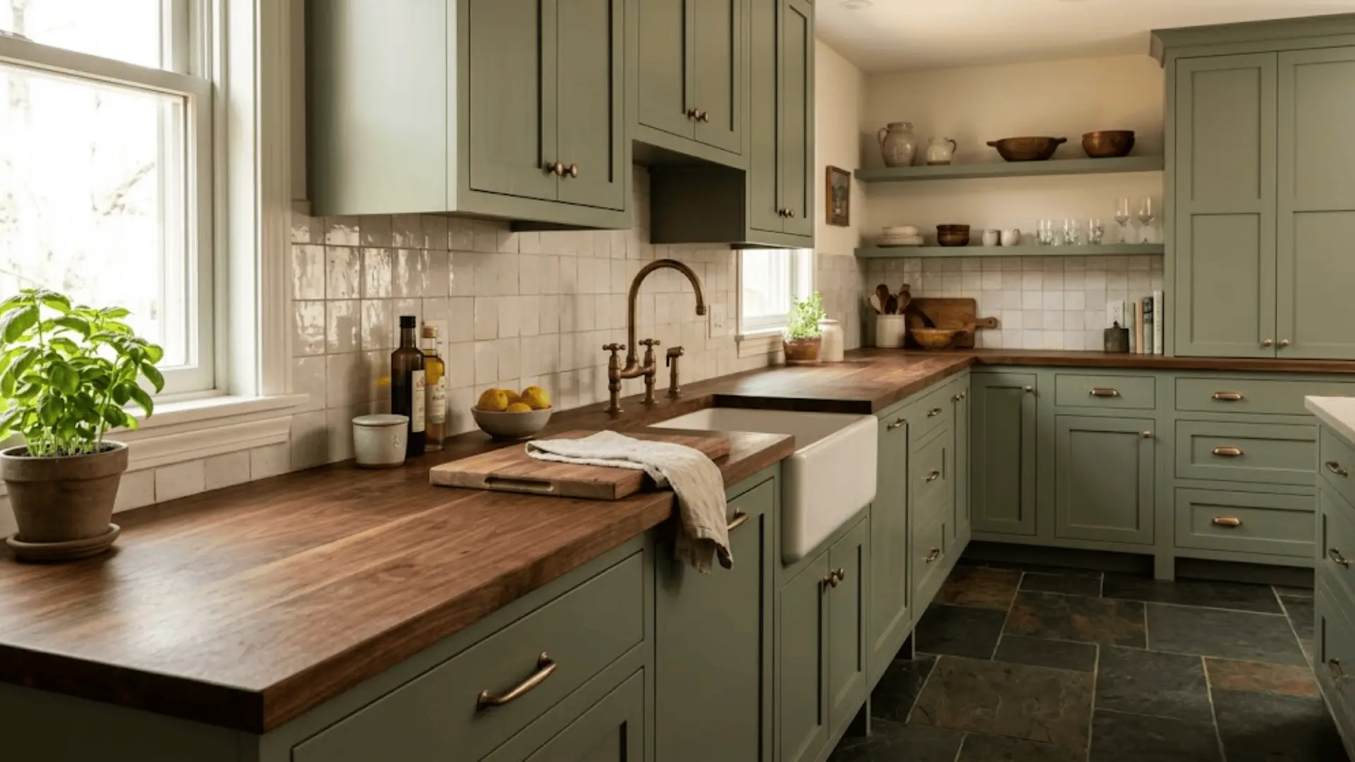 sage green shaker cabinets with thick dark walnut countertop and aged brass fixtures in natural light