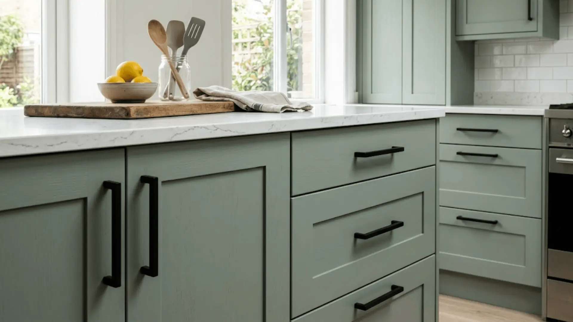 sage green shaker kitchen cabinets with matte black bar pull hardware in clean natural daylight