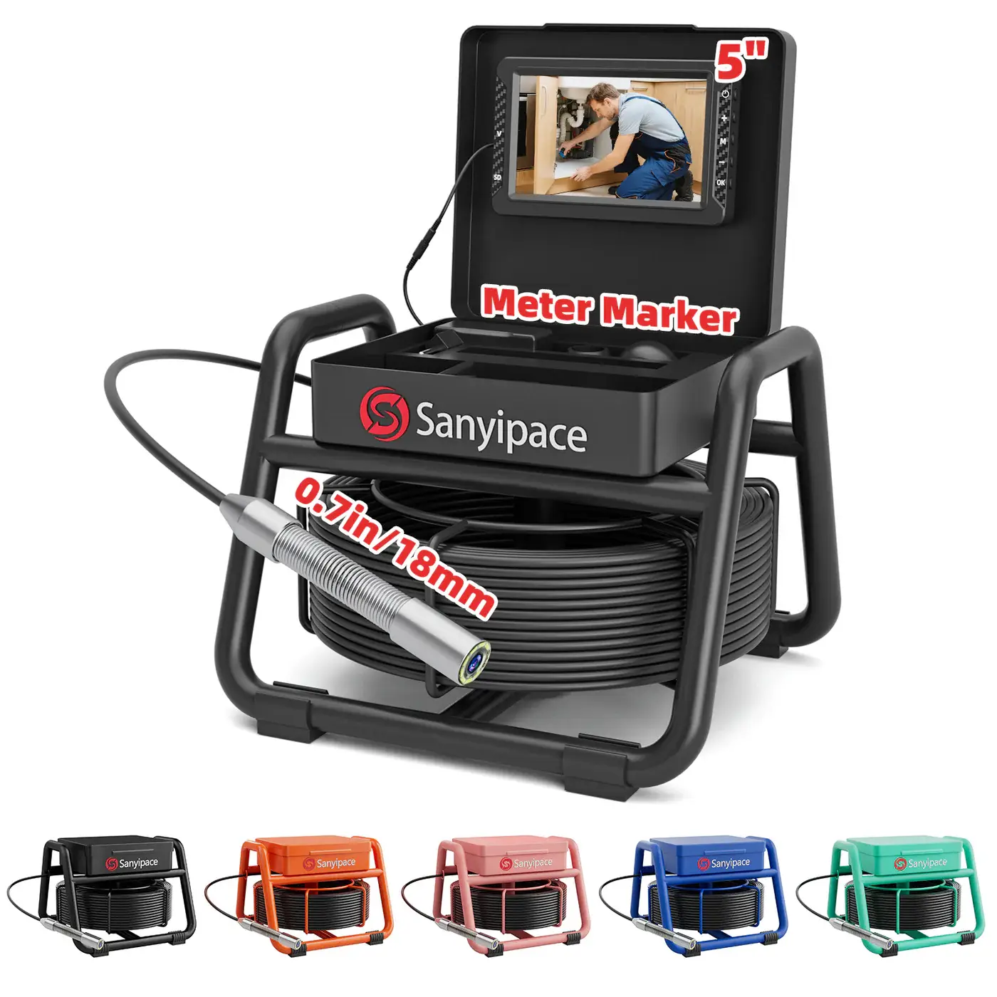 Industrial inspection camera system with monitor and coiled cable in multiple colors