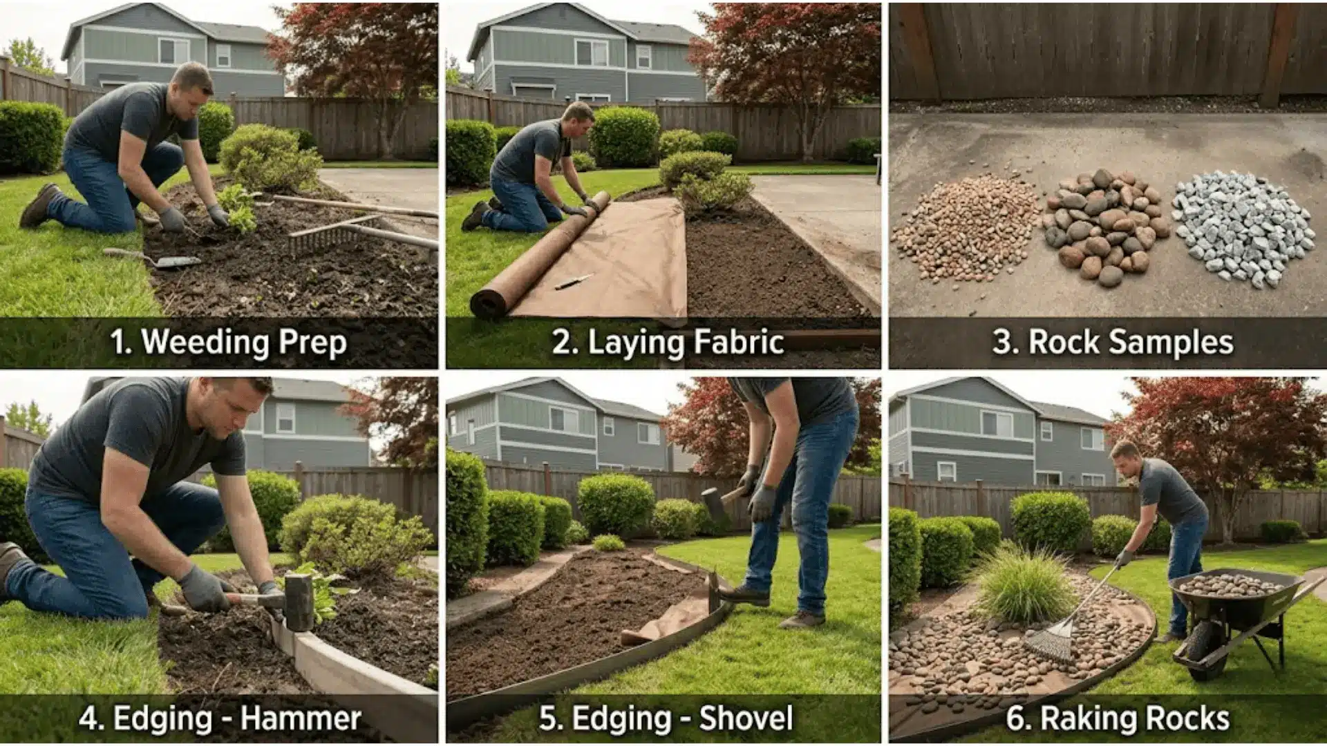 six-step visual guide showing a man installing a rock flower bed from weeding and fabric laying to edging and raking