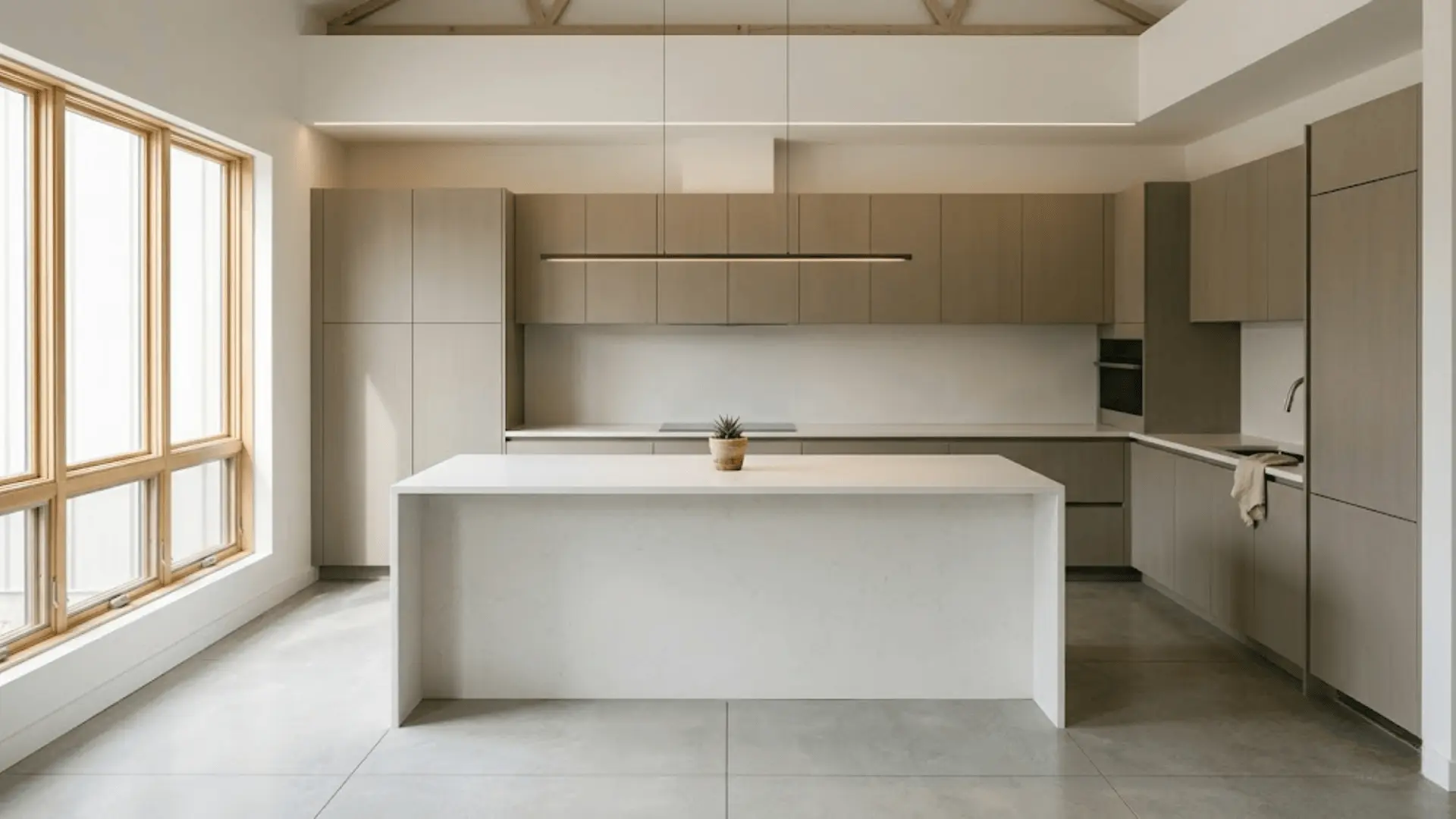 sleek minimalist barndominium kitchen with greige flat-front cabinets and white quartz waterfall island