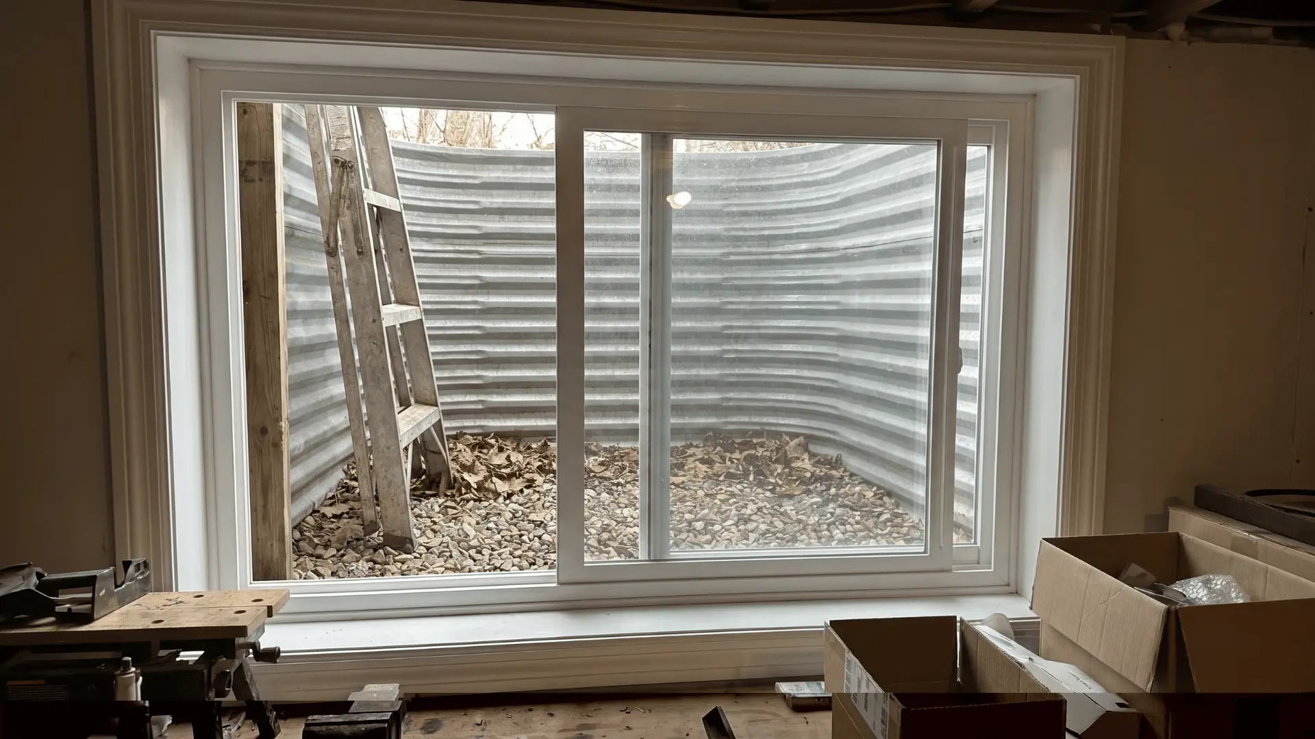 Basement egress window with ladder and gravel outside, cardboard boxes inside