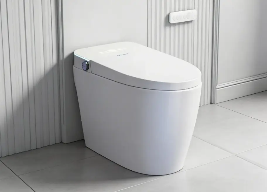 Modern white smart toilet with control panel in a minimalist bathroom setting