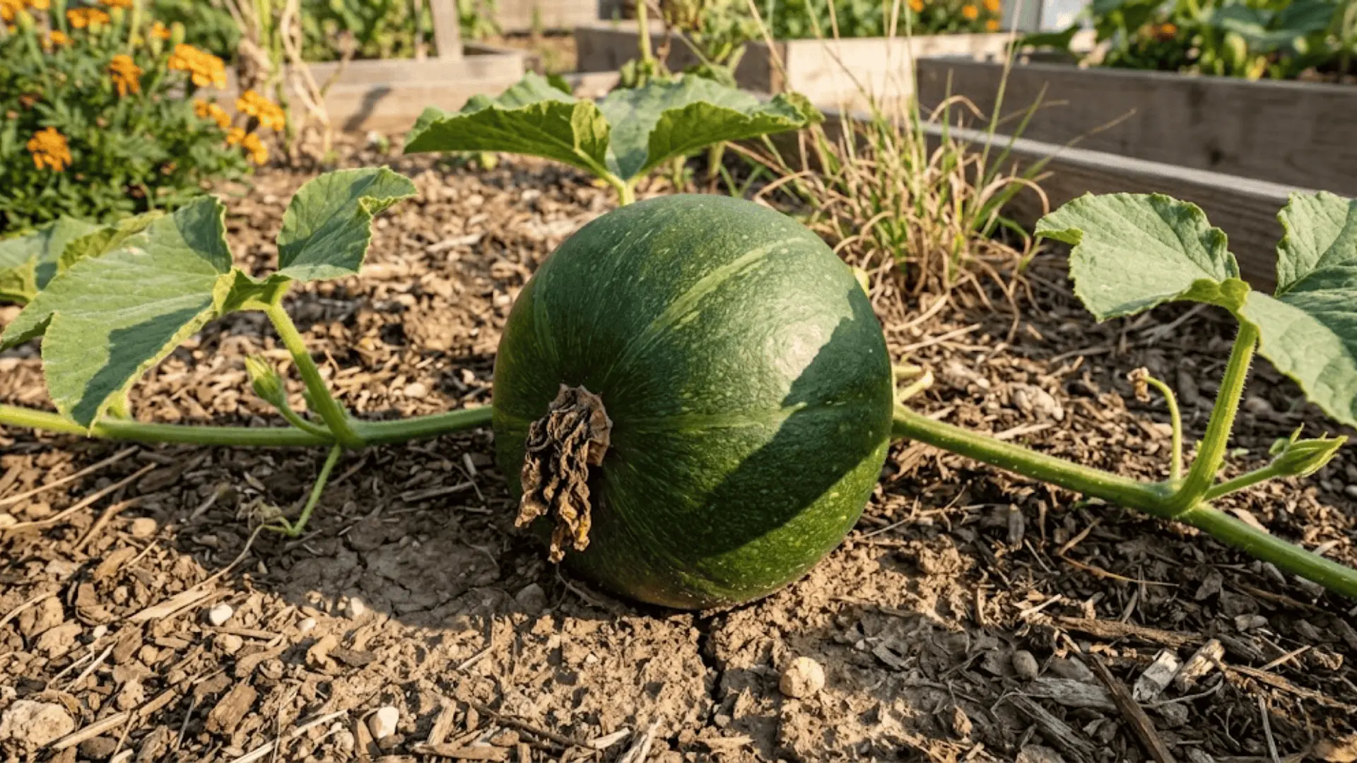 small green pumpkin forming on vine in garden soil with dried flower still attached