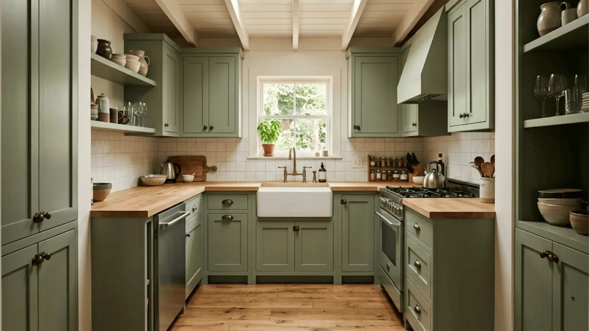 small kitchen with sage green cabinets, warm white walls, and pale butcher block countertop in natural window light