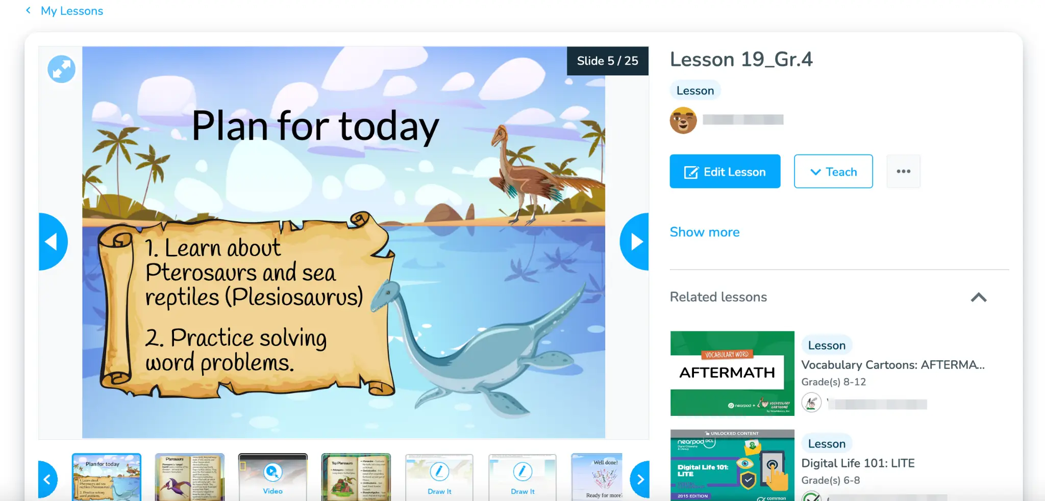 Cartoon pterosaur and plesiosaur in tropical landscape with lesson plan scroll on digital slide