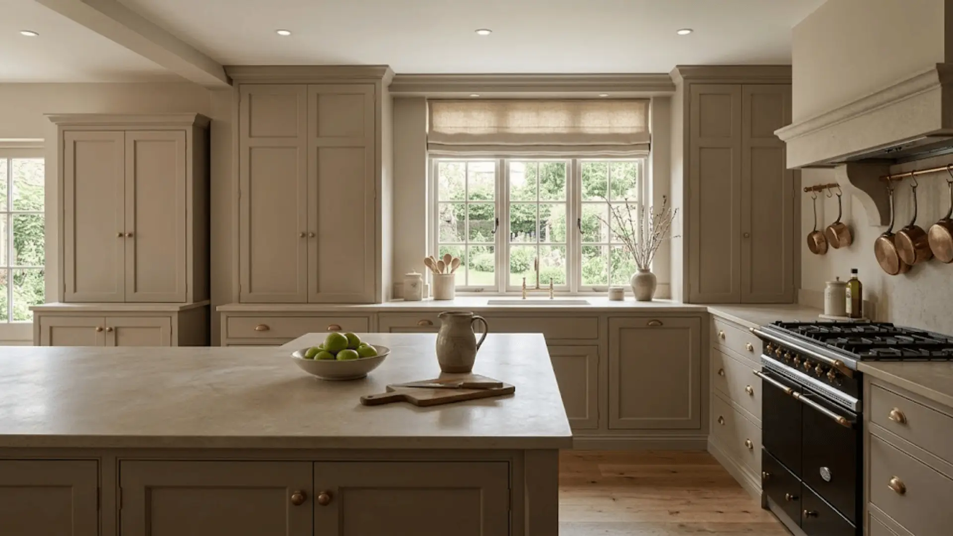 soft taupe traditional kitchen with limestone countertops and linen roman shade in warm light