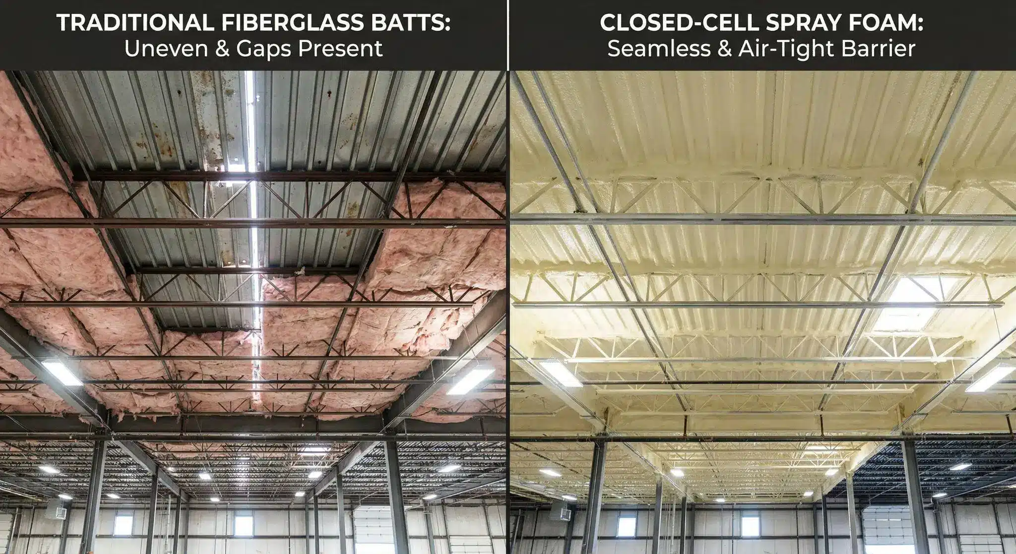 Comparison of exposed ceiling with fiberglass batt insulation and closed-cell spray foam in industrial space