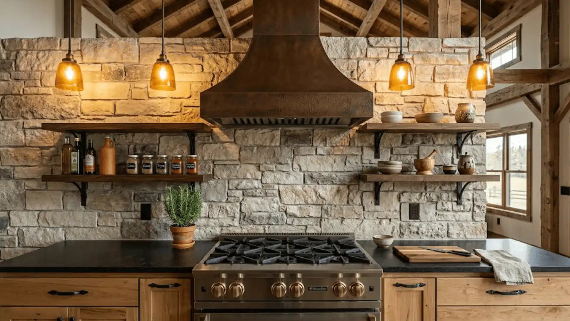 stacked limestone backsplash behind a gas range in a rustic barndominium kitchen with walnut shelves