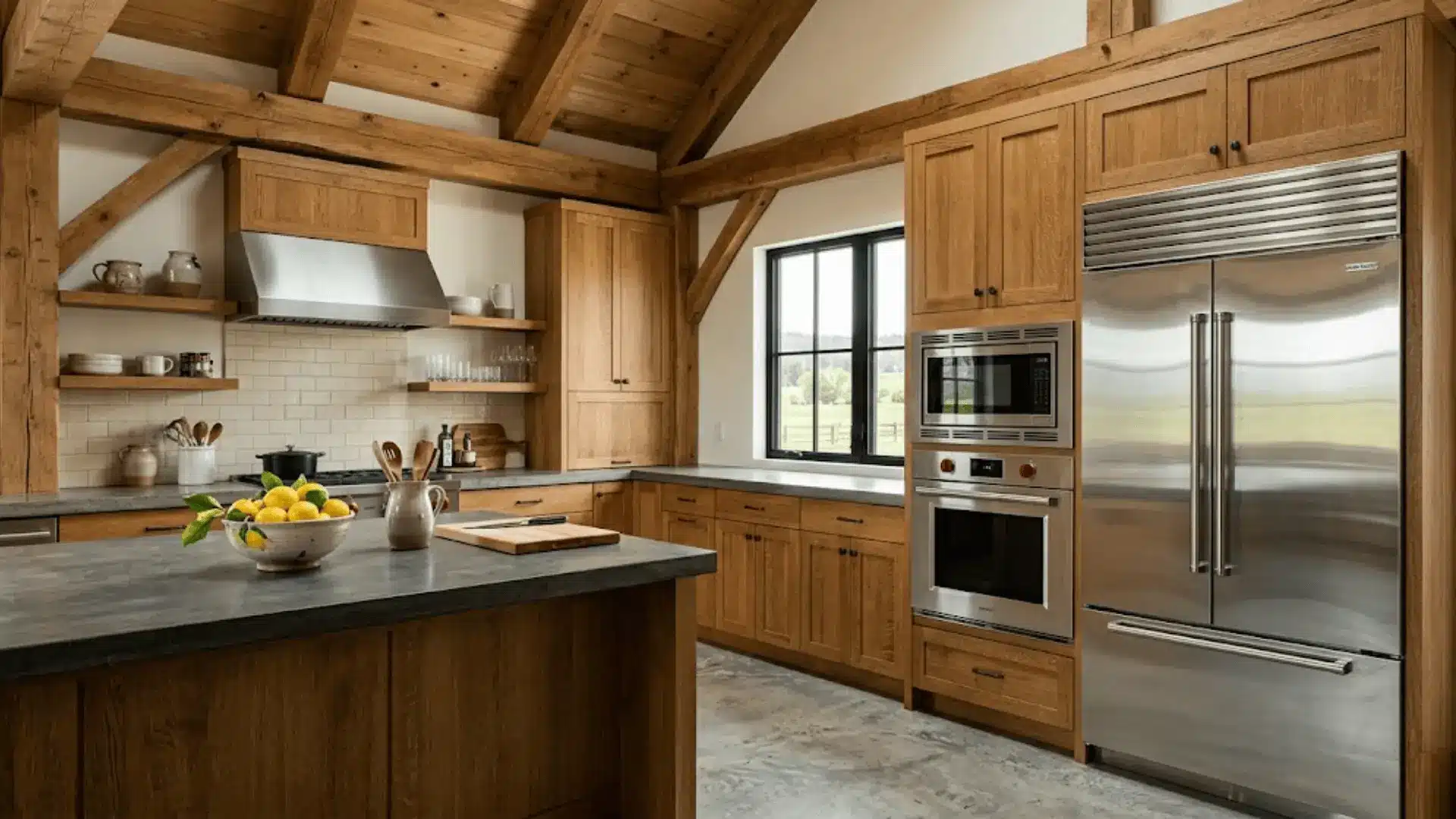 stainless steel appliances alongside wire-brushed oak cabinetry in a modern rustic barndominium kitchen
