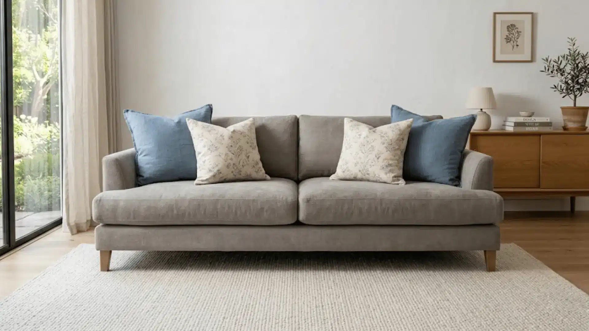standard sofa styled with layered 18x18 and 20x20 throw pillows in dusty blue and cream linen
