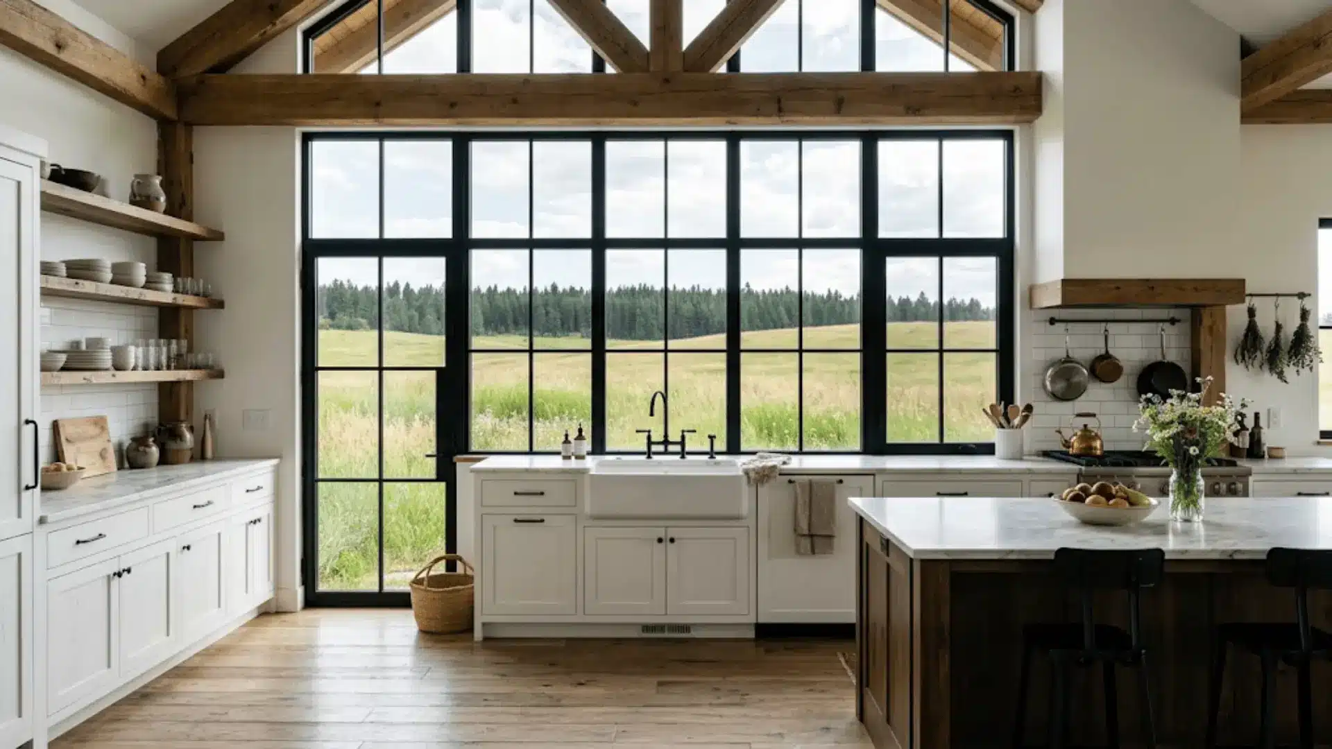 steel-framed black windows overlooking an open pasture in a light-filled barndominium kitchen with white cabinets