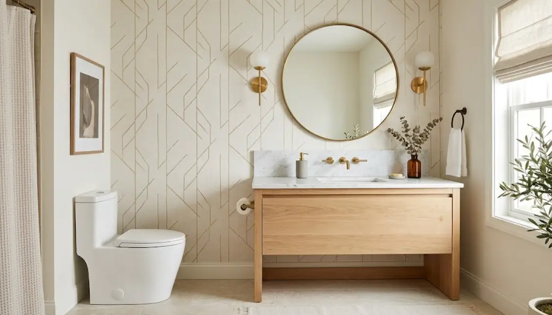 Modern bathroom with wooden vanity, round mirror, and geometric wallpaper under soft natural light
