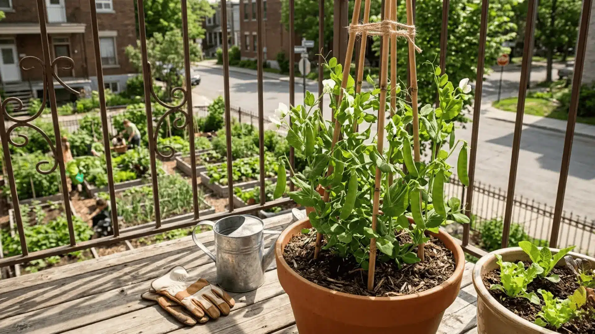 sugar snap pea plants growing in a deep terracotta pot on a sunny balcony with bamboo stake support