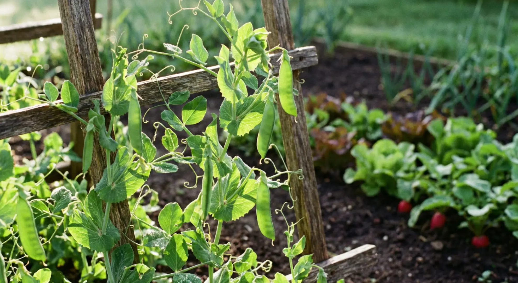 sugar snap pea plants with plump green pods climbing a trellis in a spring vegetable garden